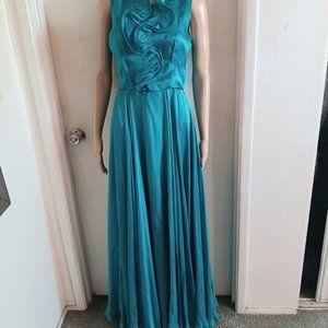 CAROLINA HERRERA  BLUE TOURQUOISE RUFFLES FIT AND FLARE CHIFFON DRESS SIZE US 6